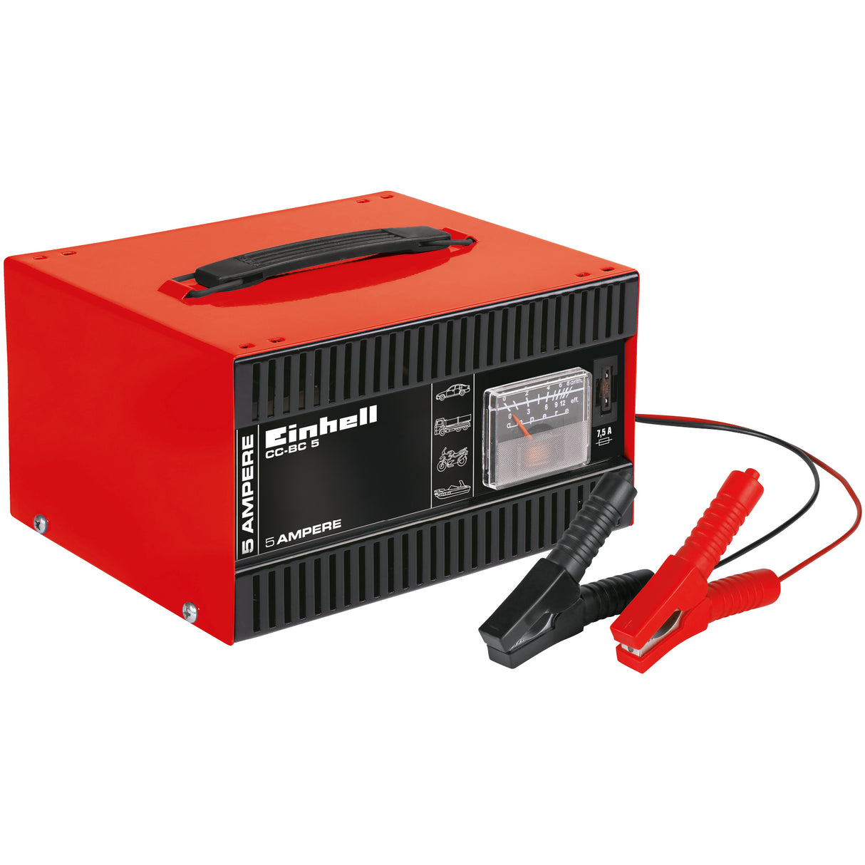 Redresor auto Einhell CC-BC 5 ampermetru incorporat, carcasa din tabla de otel, protectie la suprasarcina si polaritate inversa, cleme izolate
