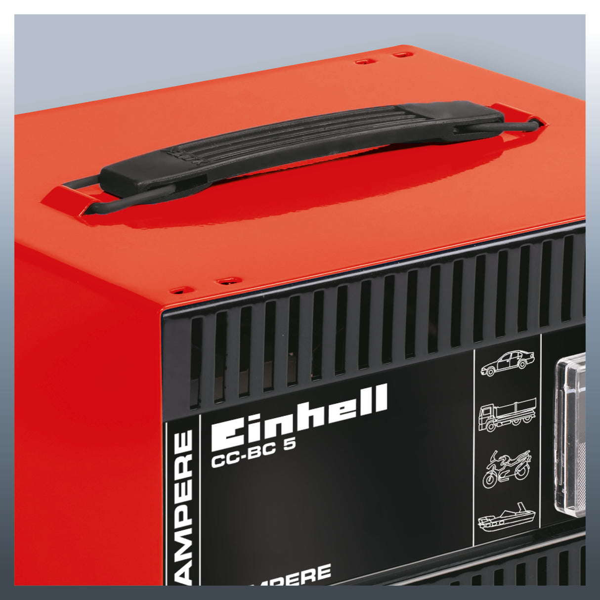 Redresor auto Einhell CC-BC 5 ampermetru incorporat, carcasa din tabla de otel, protectie la suprasarcina si polaritate inversa, cleme izolate