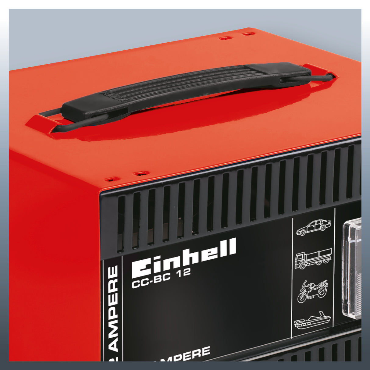 Redresor auto Einhell CC-BC 12, ampermetru incorporat, carcasa din tabla de otel, protectie la suprasarcina si polaritate inversa, inclusiv cablu de incarcare