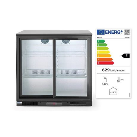 Vitrina frigorifica de prezentare usi glisante interval temp. 2/10?C, 220 W, corp inox, ARKTIC by Hendi, 900x500x(H)900 mm 198 Litri, Clasa energetica E
