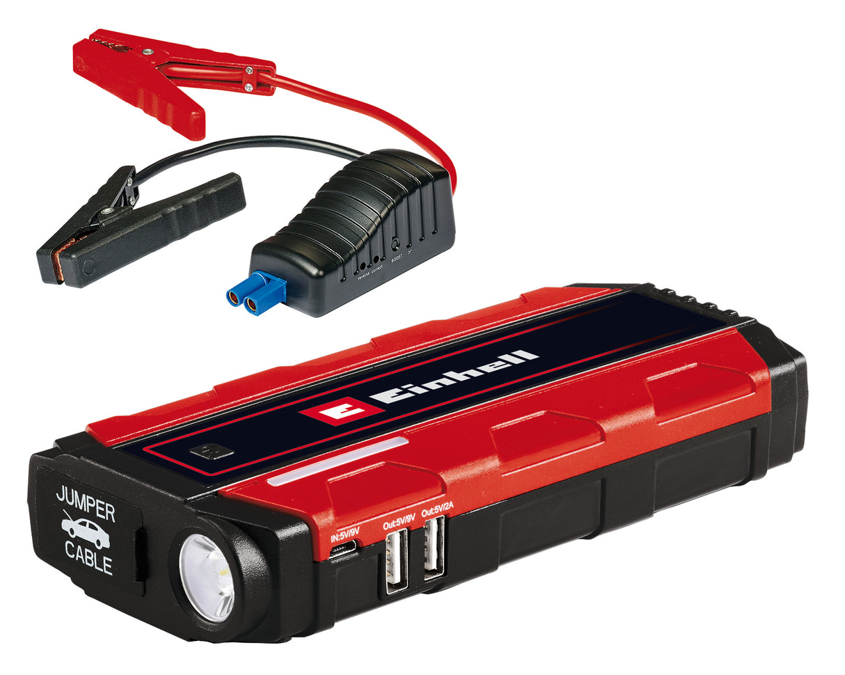 Einhell CE-JS 8/1 indító, 12 V, 3x2500 mAh újratölthető LiPo akkumulátor, LED töltésjelző, LED lámpa, 12V/200A indítás, indítókábel, 2 USB port