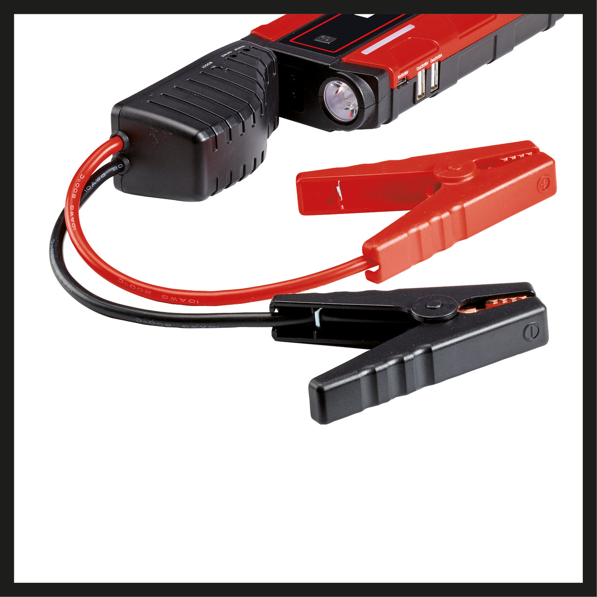 Einhell CE-JS 8/1 indító, 12 V, 3x2500 mAh újratölthető LiPo akkumulátor, LED töltésjelző, LED lámpa, 12V/200A indítás, indítókábel, 2 USB port