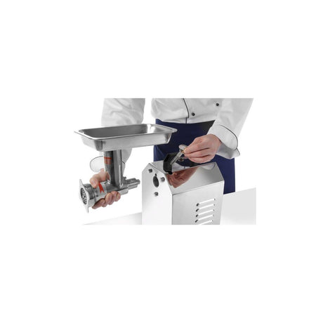 Masina de tocat carne, 2 discuri tocare de 6 si 8 mmm din inox, cutit din inox, melc din inox, tub pentru impingere, Hendi Top Line, 250 Kg/ora, corp inox, palnie inox chirurgical 304, 900 W
