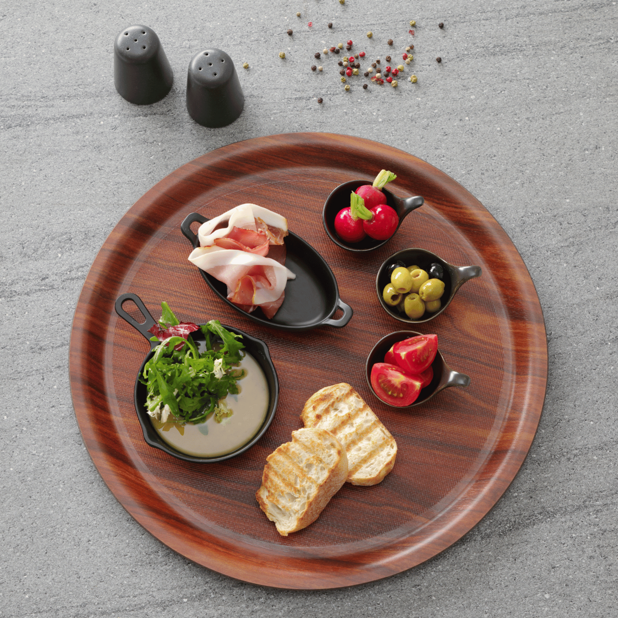 Tava Hendi pentru servire imitatie lemn rotunda, cu margine inalta 420 mm