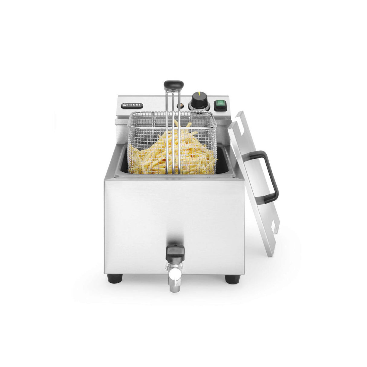 Friteuza electrica profesionala, Hendi Mastercook cu robinet scurgere ulei, Inox, 8 lt, 3500 W, temperatura reglabila pana la 195 gr C, termostat, 515x300x(H)345 mm