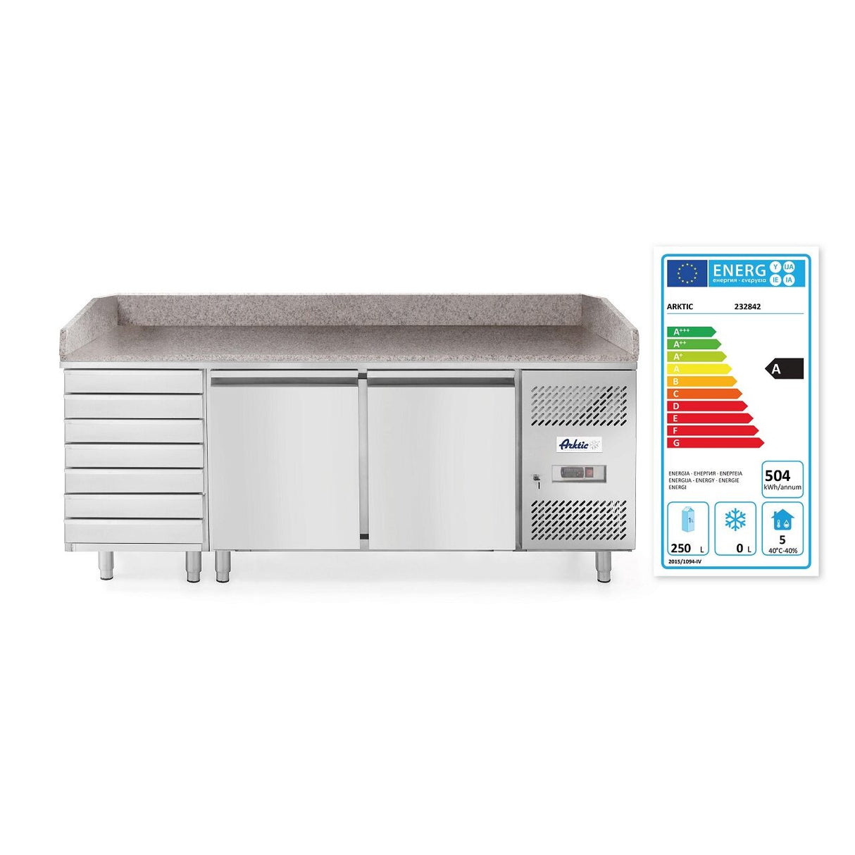 Masa pizza profesionala, cu 2 usi 7 sertare 280 L inox, ARKTIC by Hendi interval temperatura -2/+8 gr C 250 W 2020x800x(H)875 mm