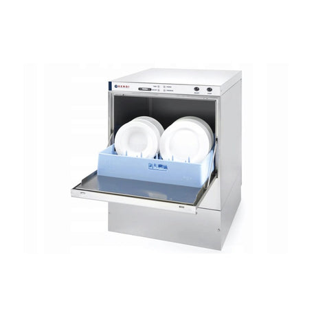 Masina profesionala de spalat vase K 50 cu pompa de evacuare si detergent 50 x 50 control electromecanic 230 W Hendi Inox 570x600(+370)x(H)830 mm