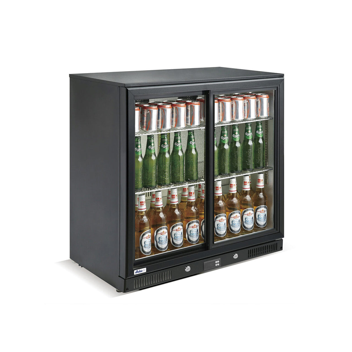 Vitrina frigorifica de prezentare usi glisante interval temp. 2/10?C, 220 W, corp inox, ARKTIC by Hendi, 900x500x(H)900 mm 198 Litri, Clasa energetica E
