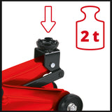 Einhell CC-TJ 2000 hidraulikus emelő, teherbírás 2t, maximális emelési magasság 33cm, levehető emelőrúd, biztonsági szelep, strapabíró kerekek, hordozófogantyú