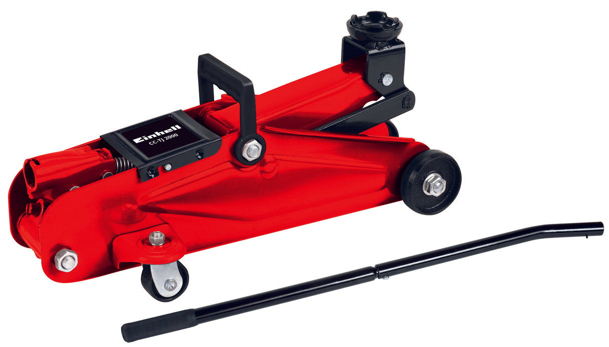 Einhell CC-TJ 2000 hidraulikus emelő, teherbírás 2t, maximális emelési magasság 33cm, levehető emelőrúd, biztonsági szelep, strapabíró kerekek, hordozófogantyú