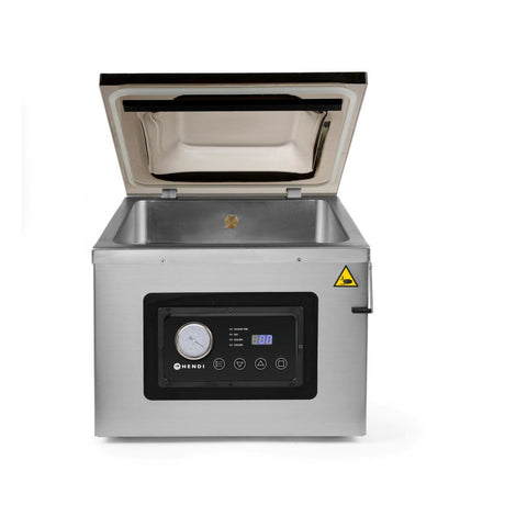 Aparat profesional de vidat cu camera 1000 W, banda sigilare 410 mm, latime 3 mm, timp si ciclu de sigilare ajustabile, Inox, display digital, Hendi Profi Line,  505x567x(h)465 mm