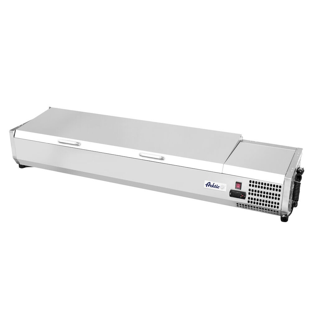 Vitrina frigorifica tip display Inox pentru containere GN 1/3 cu o inaltime maxima de 150 mm Hendi, 8x GN1/3 ,180 W, 1805x395x(H)290 mm