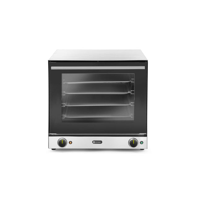Cuptor convectie Hendi H90, 4 tavi 438x315 mm incluse, 2 elemente incalzire, 2 ventilatoare, termostat reglabil 50-300 gr C, timer 0-120 min, 2670 W,595x624x(H)572mm