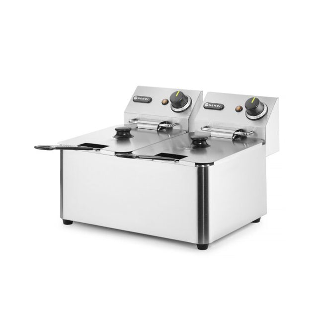 Friteuza electrica profesionala 2x4 lt, 2x3000W, inox, termostat 0-190 gr C, Hendi Kitchen LIne, 47x42x(H)33 cm