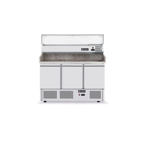 Masa frigorifica cu 3 usi, pentru pizza, cu vitrina ingrediente cu 6 tavi GN 1/4, 270+170 W, ARKTIC by Hendi, 140x70x(H)144.5 cm