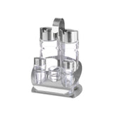 Oliviera solida / Set condimente 5 piese, Hendi, suport inox, recipiente sticla pt sare, piper, scobitori, ulei, otet
