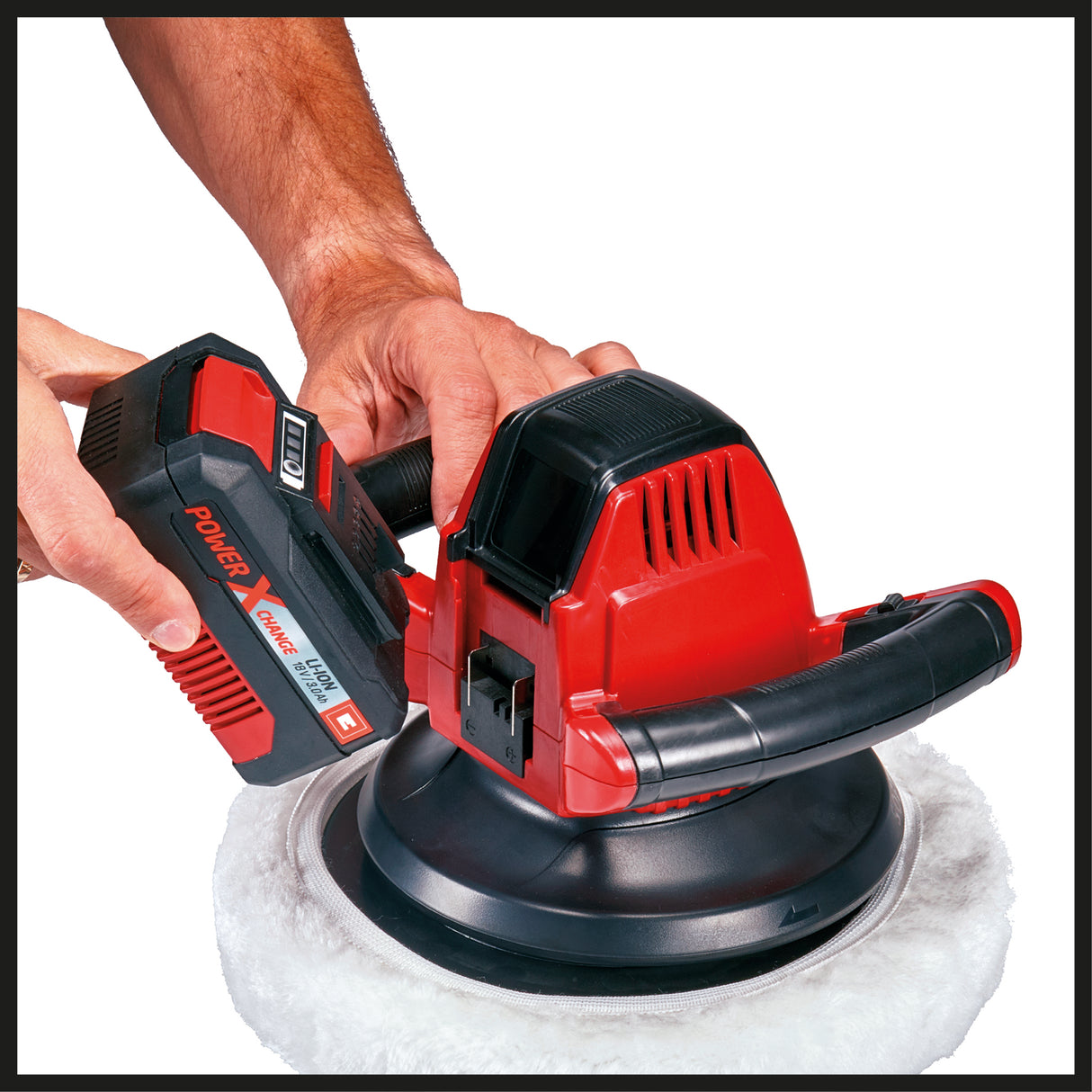 Masina de lustruit auto pe acumulator Einhell CE-CB 18/254 Li-Solo Power X-Change, Li-ion, 18 V, 2.500 rpm, comutator pornit/oprit, protectie la suprasarcina, maner moale, fara baterie si incarcator