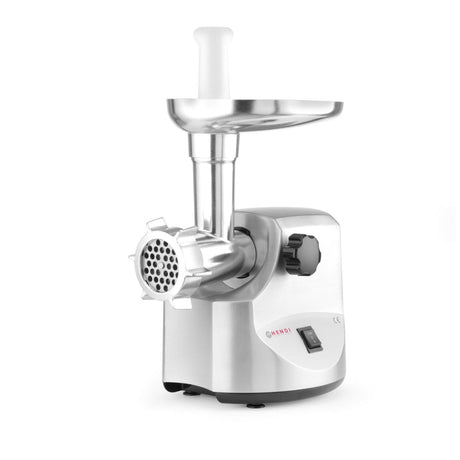 Masina de tocat carne, 2 discuri taiere incluse 4 si 7 mm, 3 accesorii umplere carnati 12, 15, 20 mm, Hendi 198, corp aluminiu, palnie fonta, 400W