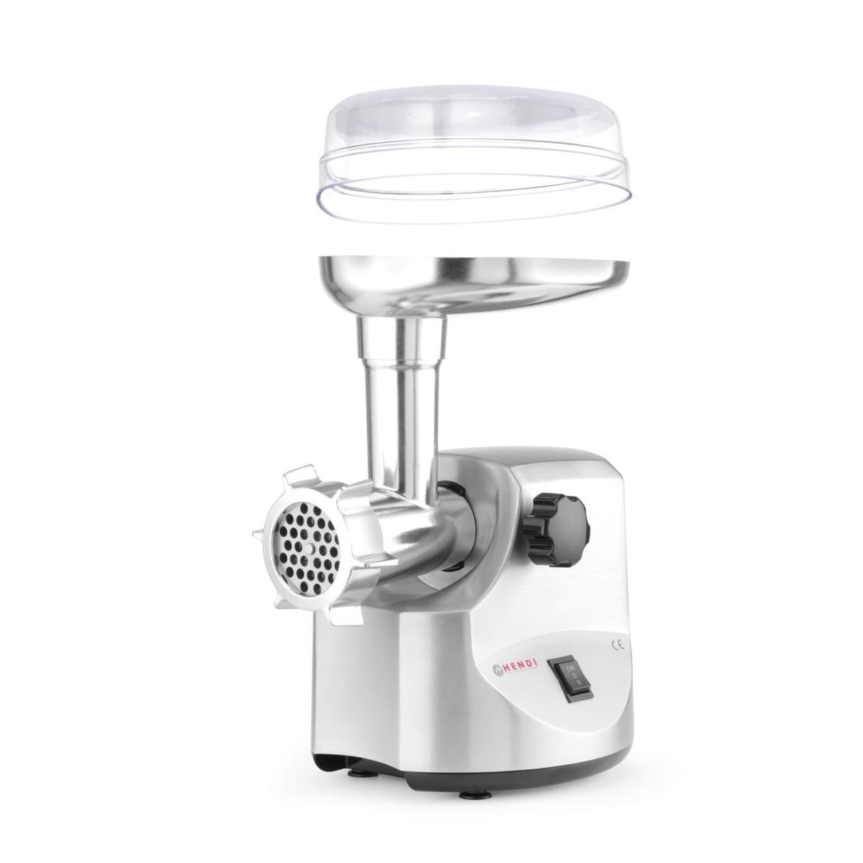 Masina de tocat carne, 2 discuri taiere incluse 4 si 7 mm, 3 accesorii umplere carnati 12, 15, 20 mm, Hendi 198, corp aluminiu, palnie fonta, 400W