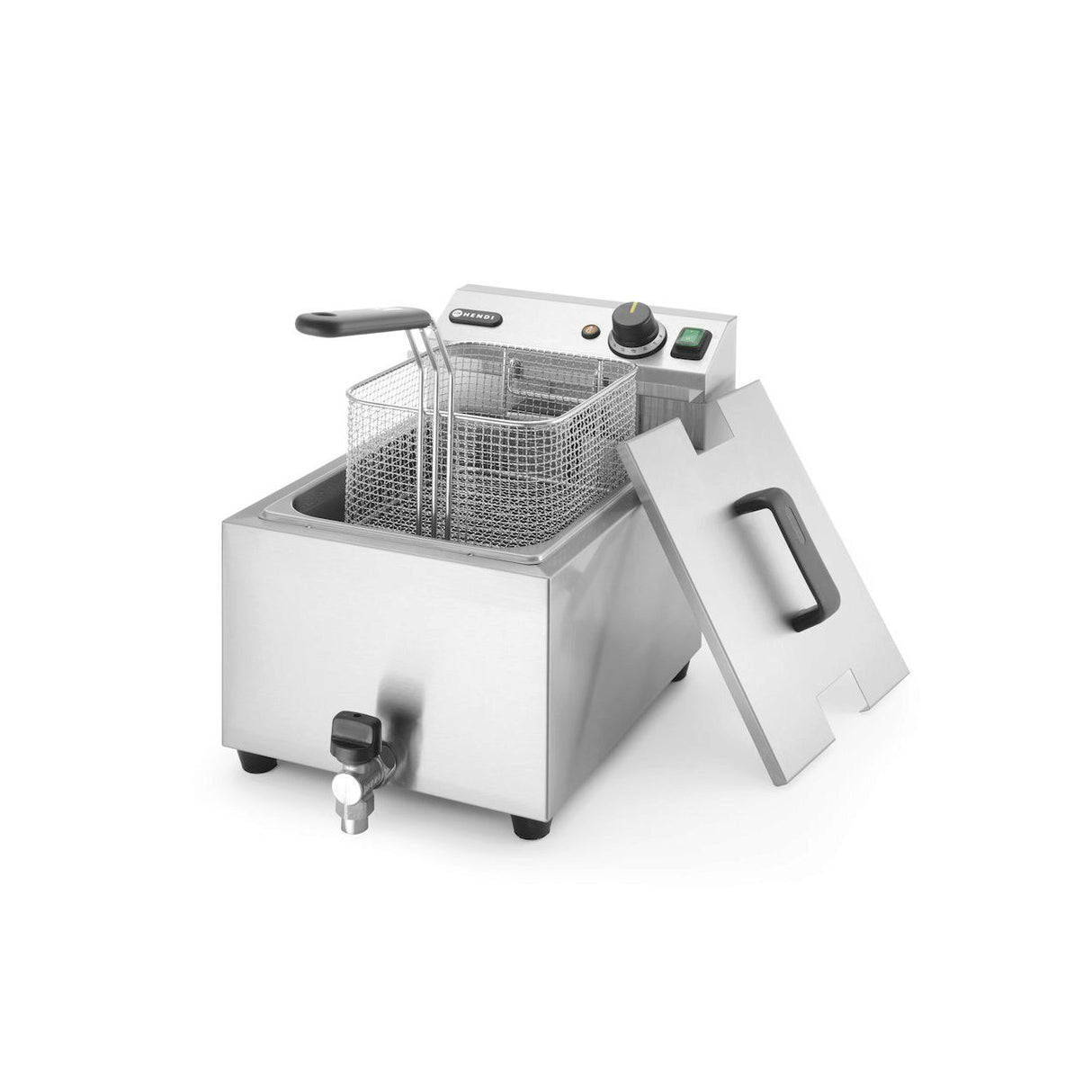 Friteuza electrica profesionala, Hendi Mastercook cu robinet scurgere ulei, Inox, 8 lt, 3500 W, temperatura reglabila pana la 195 gr C, termostat, 515x300x(H)345 mm