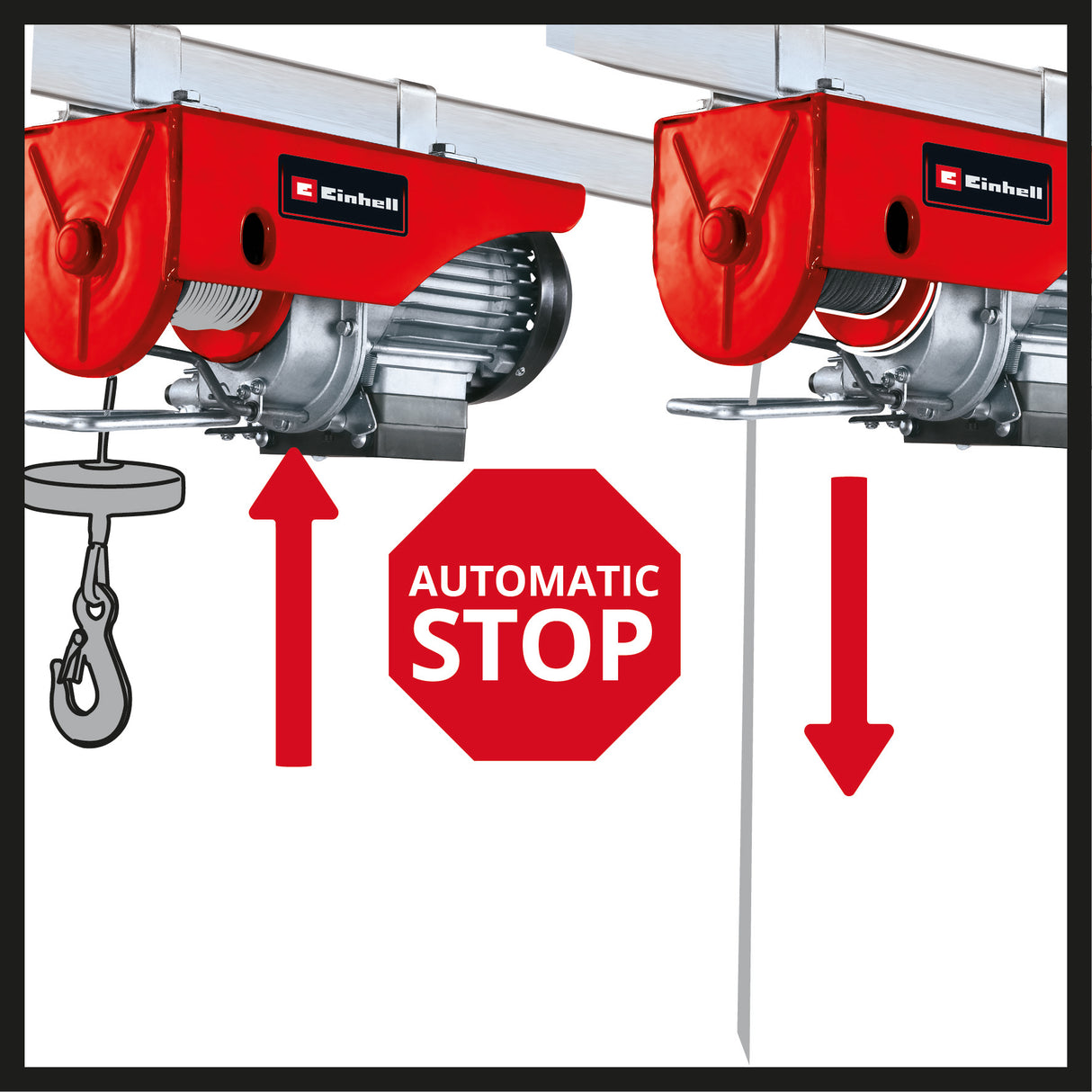 Einhell TC-EH 250 kábelemelő, 450 W, vészleállító kapcsoló, automatikus fék és végálláskapcsoló, 12 m csavarodásmentes fémkábellel, teherhoroggal ellátott csigával és biztonsági rúddal
