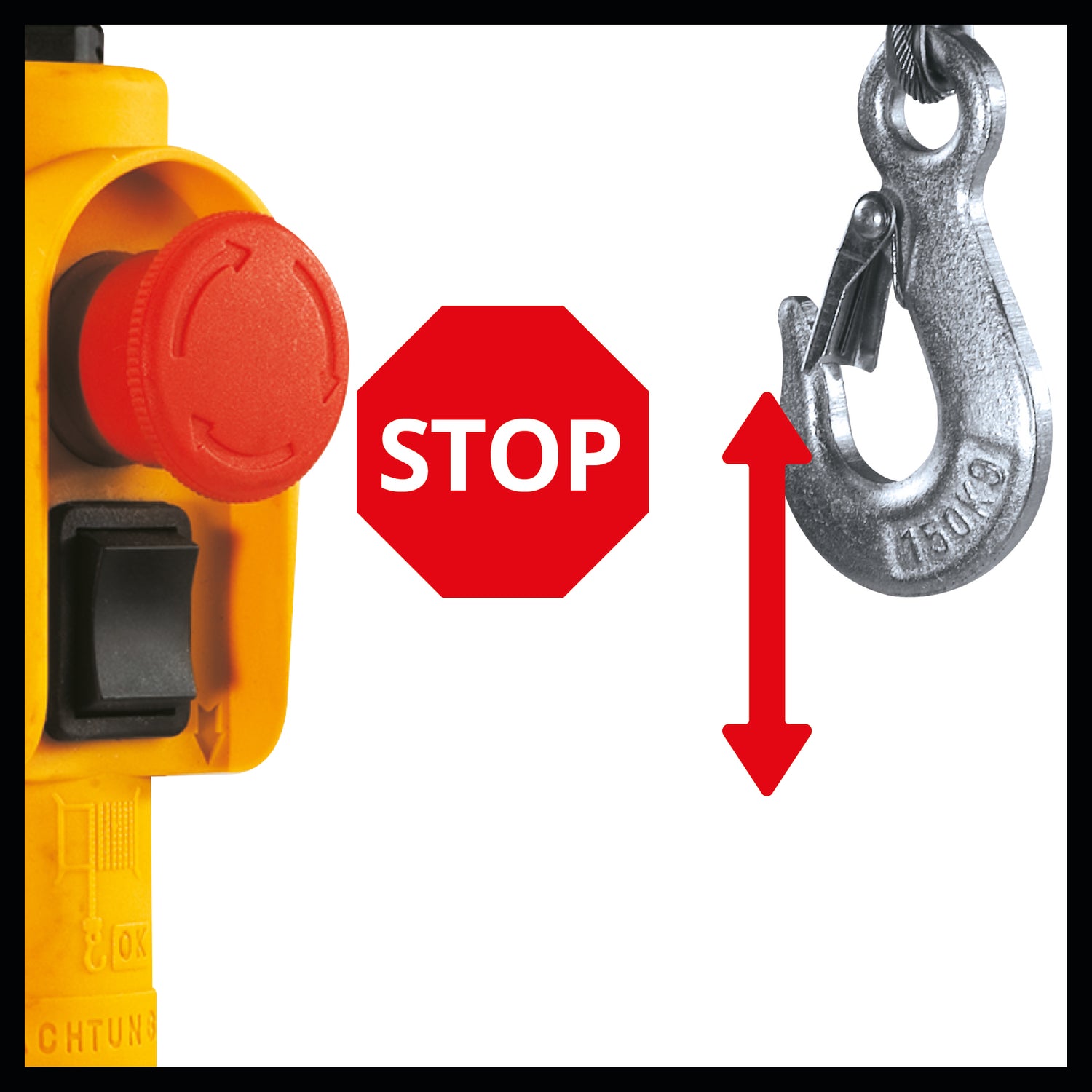 Palan cu cablu Einhell TC-EH 250, 450 W, comutator de oprire de urgenta, frana automata si comutator de limita, inclusiv 12 m de cablu metalic fara rasucire, scripete cu carlig de sarcina si bara de siguranta