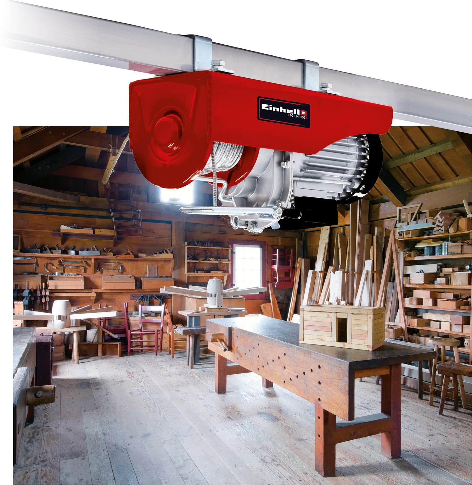 Palan electric Einhell TC-EH 600 (1.050 W, capacitate de incarcare fara rola de ghidare 300 kg pana la 18 m / cu rola de ghidare 600 kg pana la 9 m, cablu de 18 m, Ø 4,5 mm, incl. dispozitiv de siguranta pe carligul de incarcare