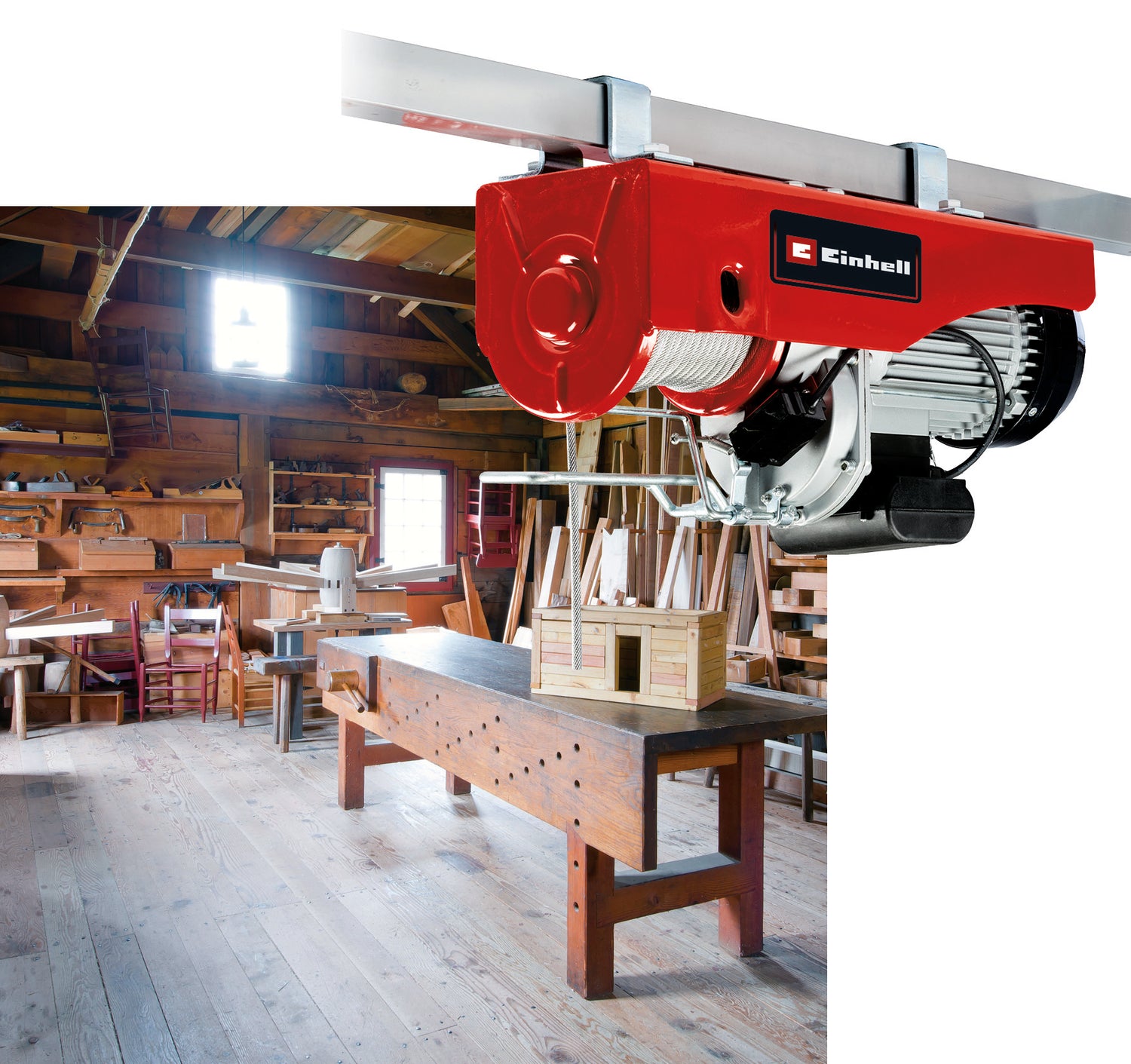 Troliu cu cablu Einhell TC-EH 1000 (1600 W, pentru ridicarea a pana la 500 kg la 18 m, pana la 999 kg la 9 m, functie de oprire, frana automata, decuplare automata a limitei, incl. rola de ghidare + blocare de siguranta, cablu de 18 m Ø 6 mm