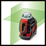 Einhell TC-LL 360 G keresztvonallézer, önszintező, zöld vízszintes/függőleges lézervonalak, digitális szintező, 6 mm-es állványmenet, táskával és fali tartókonzollal együtt