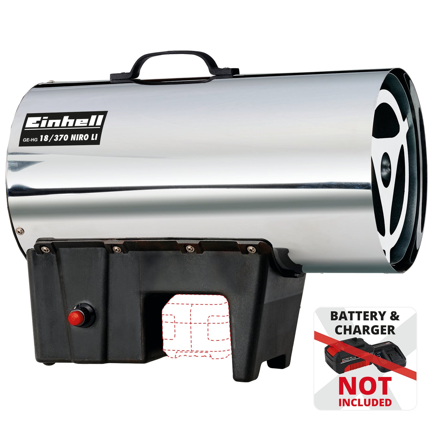 Aeroterma de aer cald pe acumulator Einhell GE-HG 18/370 Niro Li-Solo PXC (Li-ion, 37 kW, carcasa din tabla de otel inoxidabil, aprindere piezo, electrovalva, fara acumulator sau incarcator