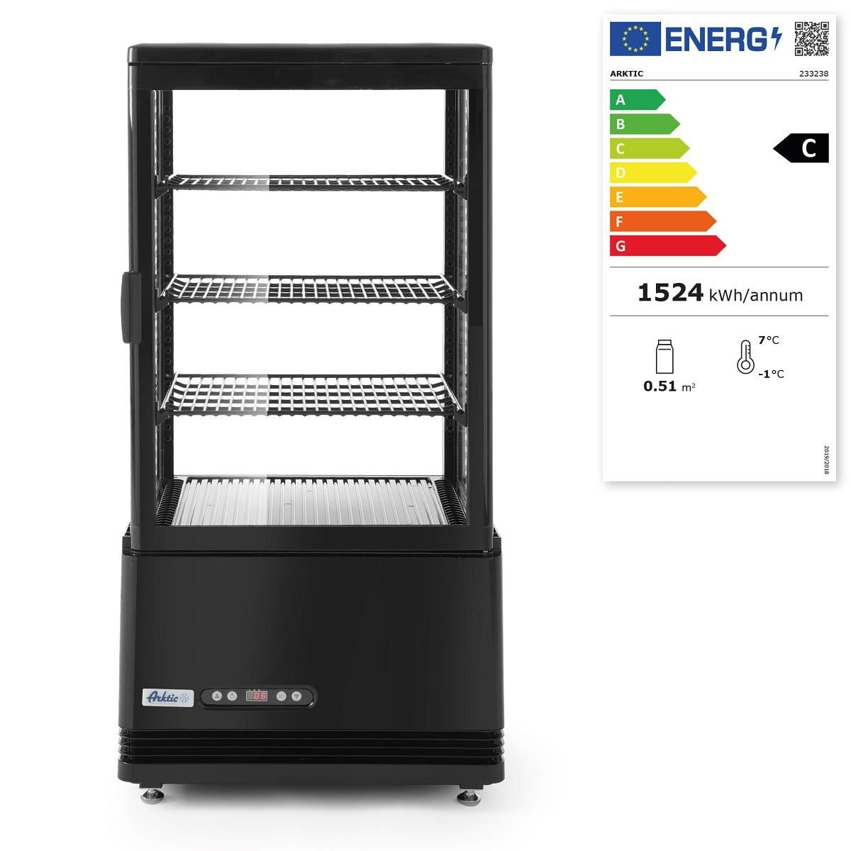 Vitrina rece pt prezentare, Negru, 68 lt, interval temp 2-6 gr C, 170 W, 3 rafturi reglabile pe inaltime, ARKTIC by Hendi, 452x406x(H)891 mm, Clasa energetica C