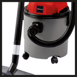 Einhell TC-VC 1815 száraz/nedves porszívó 1250 W, 180 mbar, robusztus 15 literes műanyag tartály, lefújó csatlakozó, 4 kerék, tartozéktartó, szívótömlővel, fúvókákkal és szűrőkkel együtt