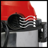 Einhell TC-VC 1930 S száraz/nedves porszívó (1500 W, 30 literes rozsdamentes acél tartály, lefújó csatlakozó, műanyag szívótömlővel, padló-/kiságytisztító fejjel, szűrőkkel)