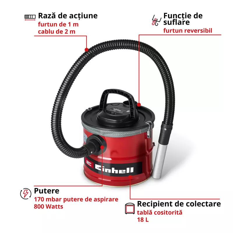 Aspirator pentru cenusa Einhell TC-AV 1830 D, 800 W, putere de aspirare 170 mbar, recipient colectare 18 l, sistem de filtrare, pre-filtru pentru praf fin, functie de suflare, furtun 1 m, cablu 2 m - imagine 3