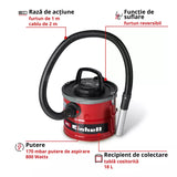 Aspirator pentru cenusa Einhell TC-AV 1830 D, 800 W, putere de aspirare 170 mbar, recipient colectare 18 l, sistem de filtrare, pre-filtru pentru praf fin, functie de suflare, furtun 1 m, cablu 2 m - imagine 3