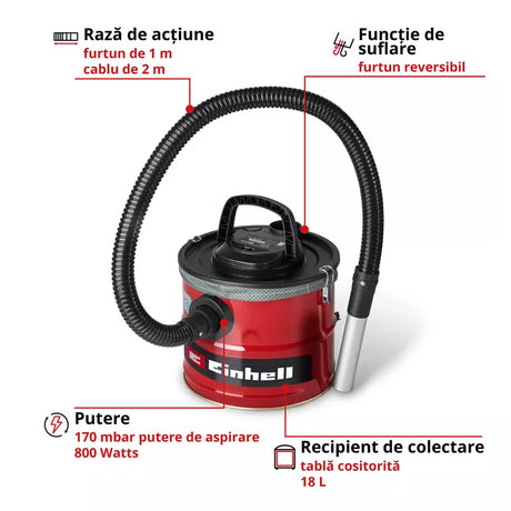 Aspirator pentru cenusa Einhell TC-AV 1830 D, 800 W, putere de aspirare 170 mbar, recipient colectare 18 l, sistem de filtrare, pre-filtru pentru praf fin, functie de suflare, furtun 1 m, cablu 2 m - imagine 3