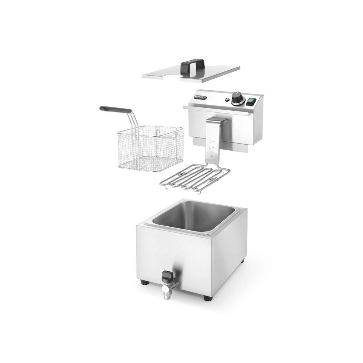 Friteuza electrica profesionala, Hendi Mastercook cu robinet scurgere ulei, Inox, 8 lt, 3500 W, temperatura reglabila pana la 195 gr C, termostat, 515x300x(H)345 mm