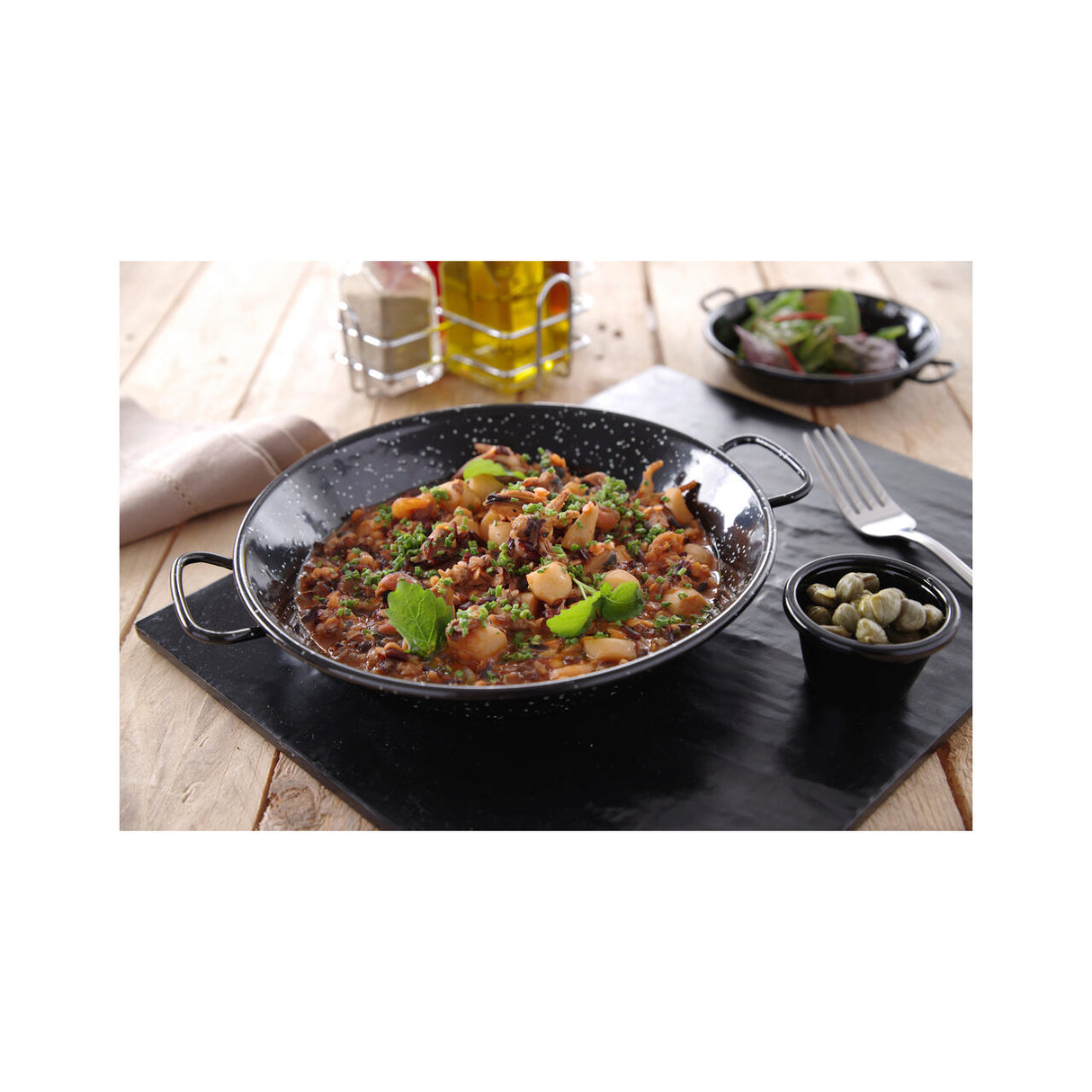 Tigaie paella cu 2 manere, otel emailat, 12 cm diametru x 2,5 cm inaltime , Hendi, potrivita si pentru servire