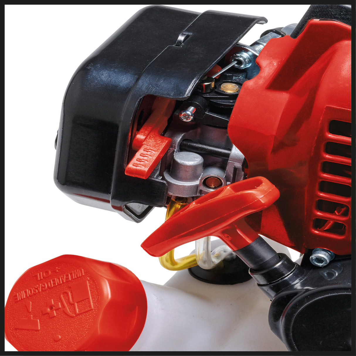 Motocoasa pe benzina Einhell GC-BC 25/1 I AS (0,6 kW, motor in 2 timpi cu vibratii reduse, maner de bicicleta, ax divizat, lama cu 3 dinti + bobina cu fir dublu, sistem de pornire rapida