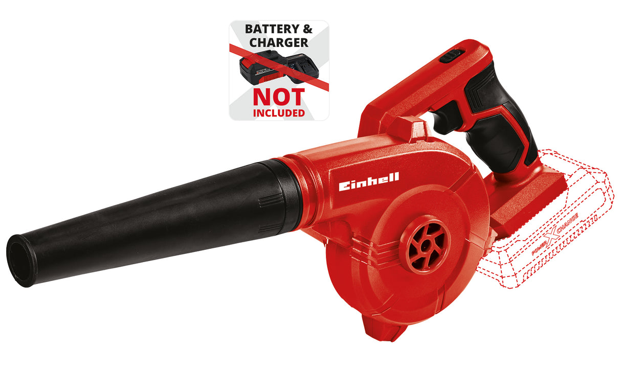 Suflanta pe acumulator Einhell TE-CB 18/180 Li-Solo Power X-Change, litiu-ion, debit de aer de pana la 180 km/h. Turatie de mers in gol 15.500 rpm, 2 setari de viteza, maner moale, fara acumulator sau incarcator