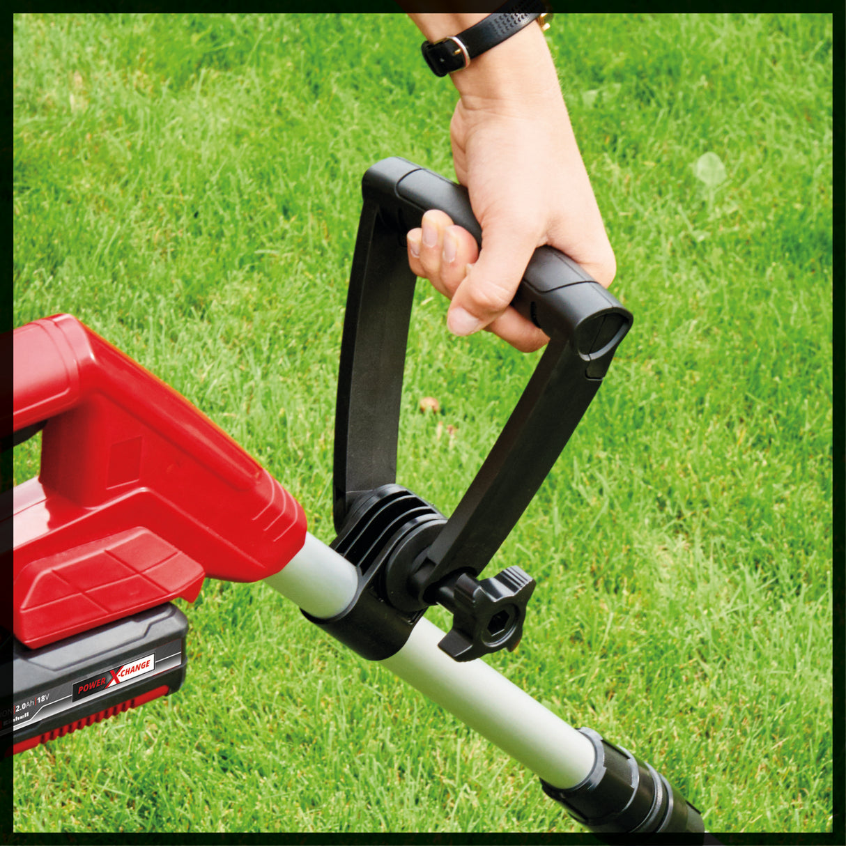 Masina de tuns iarba pe acumulator Einhell GC-CT 18/24 Li Power X-Change (18 V, protectie pentru flori, maner telescopic lung reglabil infinit, 20 de lame din plastic, acumulator de 2,0 Ah si incarcator