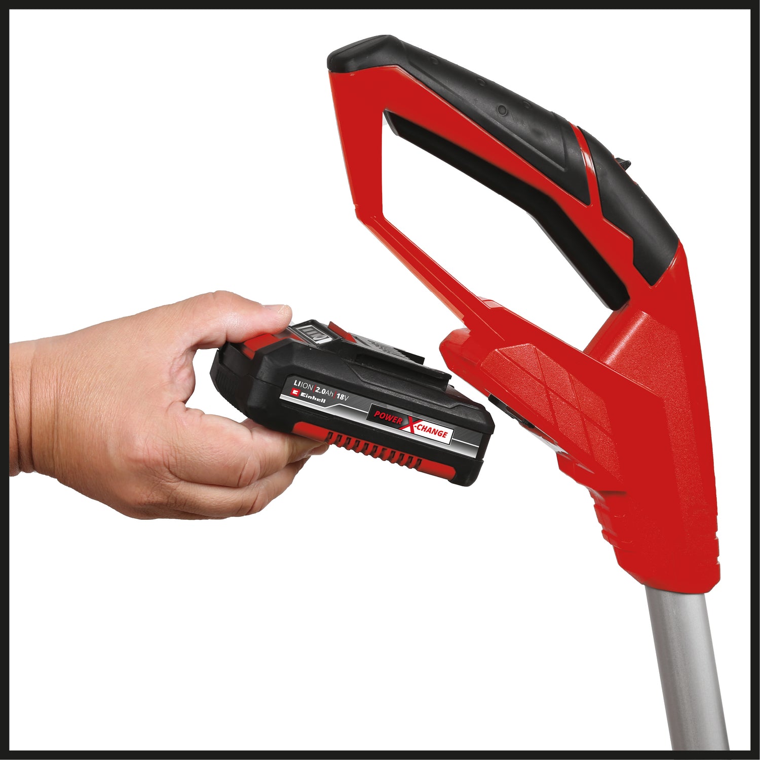 Trimmer de tuns iarba/gazon pe acumulator Einhell Power X-Change GE-CT 18 Li Solo (Li-Ion, 18V, 8500 rpm, cap motor rotativ si inclinabil, Flowerguard, fara acumulator si incarcator