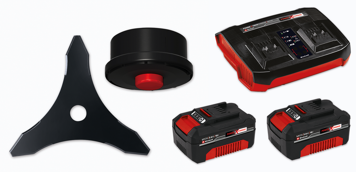 Trimmer de tuns gazon/iarba pe acumulator Einhell AGILLO 36/255 BL Kit Power X-Change (36 V, motor fara perii, filet cu alimentare automata, lama cu 3 dinti, maner de bicicleta, incl. 2x baterii de 3,0 Ah si incarcator