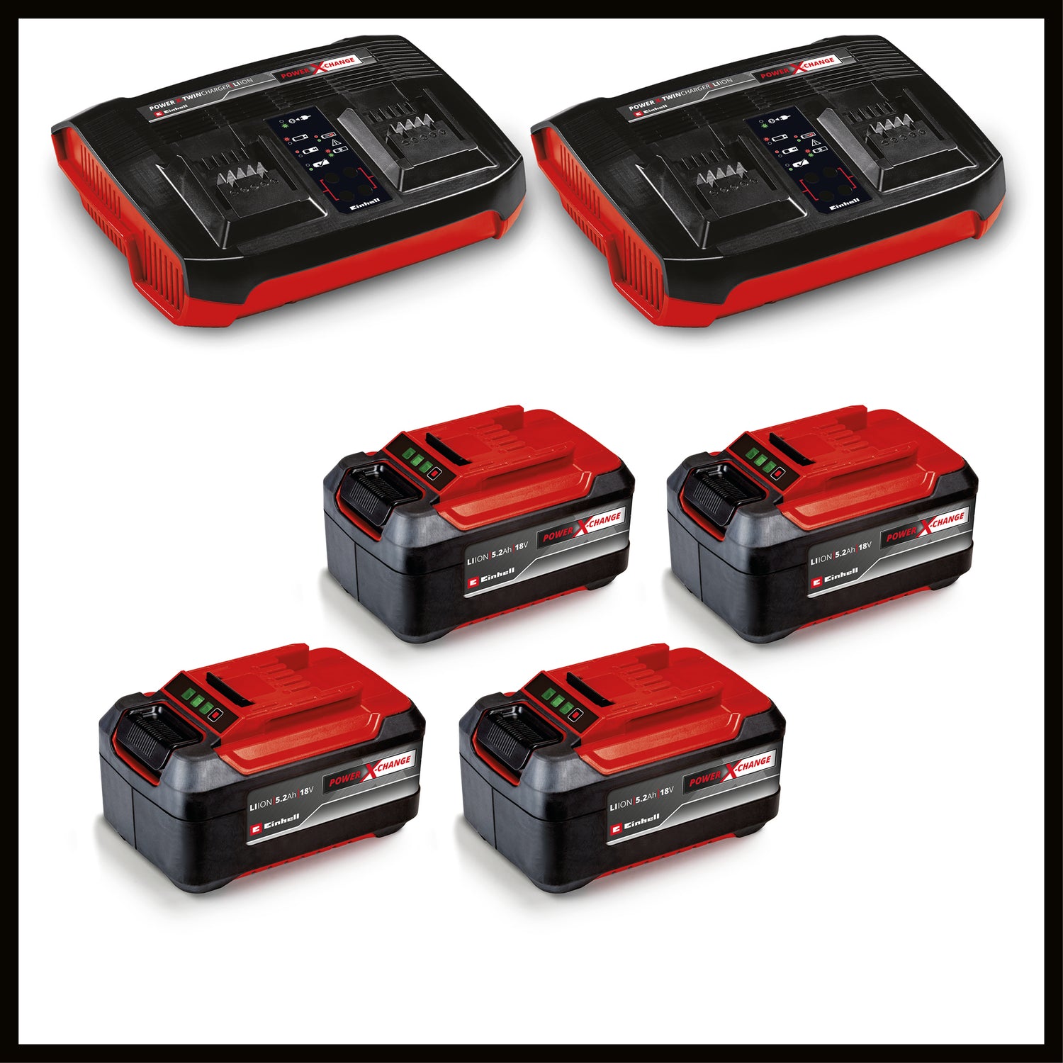 Masina de tuns iarba/gazon pe acumulator Einhell GP-CM 36/52 S Li BL Kit Power X-Change (36 V, latime de taiere 52 cm, pana la 1200 m², motor fara perii, colector de iarba de 65 L, tractiune integrala, incl. 4x baterii de 5,2 Ah + 2x incarcator dublu