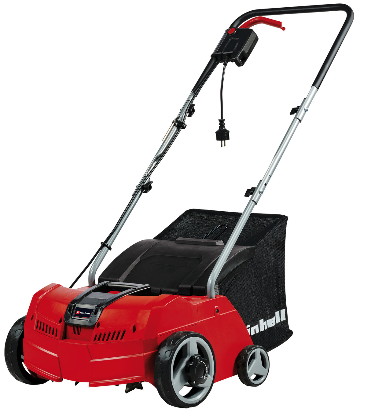 Scarificator electric cu ventilator Einhell GC-SA 1231/1 (230 V, pana la 300 m², 1200 W, sac de colectare de 28 l, rola cu lame pe rulmenti + rola cu ventilator, 3 adancimi de lucru, bara de ghidare pliabila