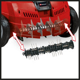 Scarificator electric cu ventilator Einhell GC-SA 1231/1 (230 V, pana la 300 m², 1200 W, sac de colectare de 28 l, rola cu lame pe rulmenti + rola cu ventilator, 3 adancimi de lucru, bara de ghidare pliabila