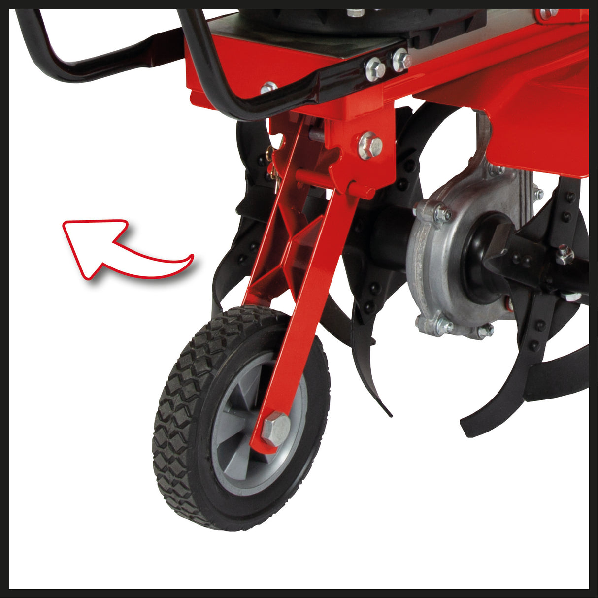 Motosapa pe benzina Einhell GC-MT 2236, 2,2 kW, rezervor de 2 l, motor OHV monocilindric in 4 timpi, saboti de frana reglabili pe inaltime si manere stabile, functie de oprire a lamei cultivatorului