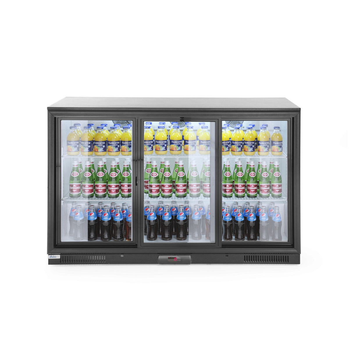 Vitrina frigorifica de prezentare 3 usi glisante interval temperatura 2/10?C, 300 W, corp inox, ARKTIC by Hendi, 1335x500x(h)900 mm 338 Litri, Clasa energetica E