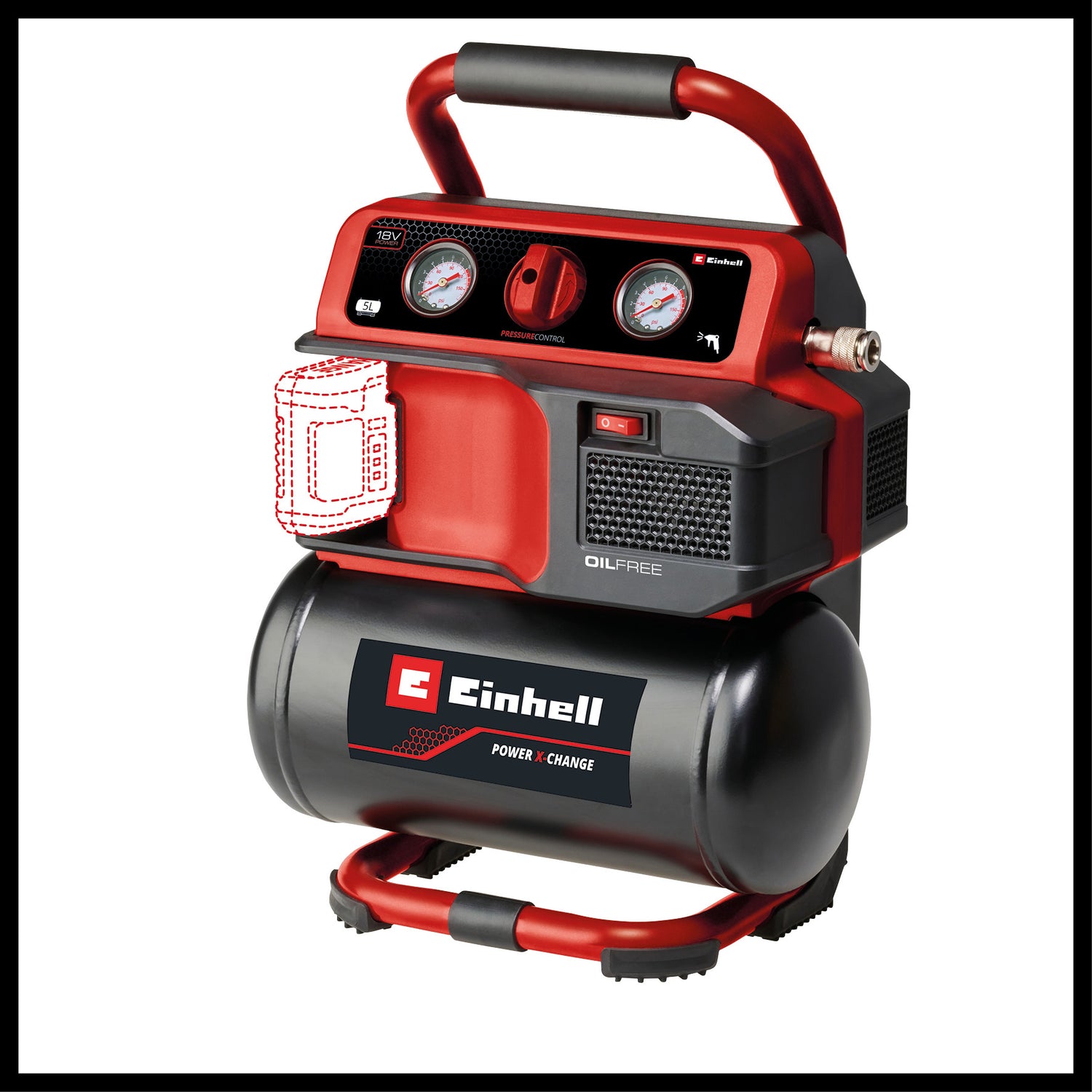 Compresor pe acumulator Einhell TE-AC 18/75 Li OF-Solo Power X-Change (18 V, max. 8 bar, rezervor de 5 L, capacitate admisie 75 L/min, 2x manometre, fara ulei, fara acumulator