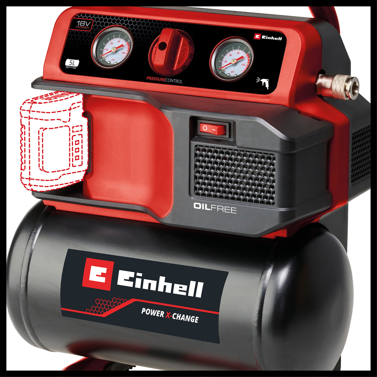 Compresor pe acumulator Einhell TE-AC 18/75 Li OF-Solo Power X-Change (18 V, max. 8 bar, rezervor de 5 L, capacitate admisie 75 L/min, 2x manometre, fara ulei, fara acumulator